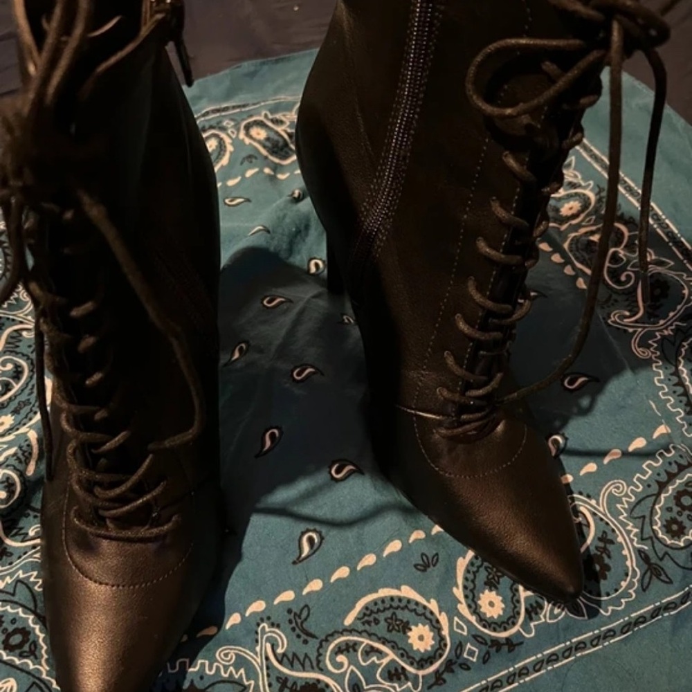 Forever 21 Black Lace-Up Pointed Wedge Ankle Boots